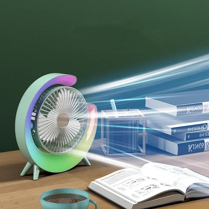 Mini Ventilator de Birou cu iluminare Multicolora, LED RGB, USB, Reincarcabil