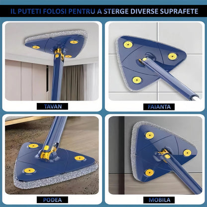 Mop multifunctional  pentru suprafete uscate si ude, cap triunghiular rotativ 360°, stergator pentru geamuri, podele, pereti, mobila, laveta microfibre, maner telescopic, ajustabil