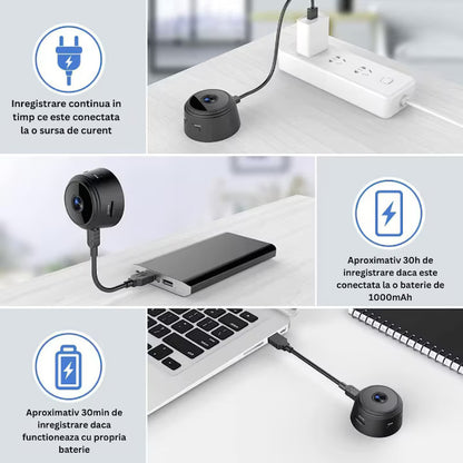 Camera Spion Wireless Mini, Calitate Full HD 1080p, Functie Audio-Video, Detectare a Miscarii, Night Vision, Filmare in bucla, Sistem magnetic de prindere, Suporta card memorie, Negru