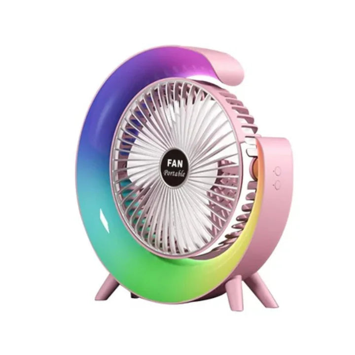 Mini Ventilator de Birou cu iluminare Multicolora, LED RGB, USB, Reincarcabil