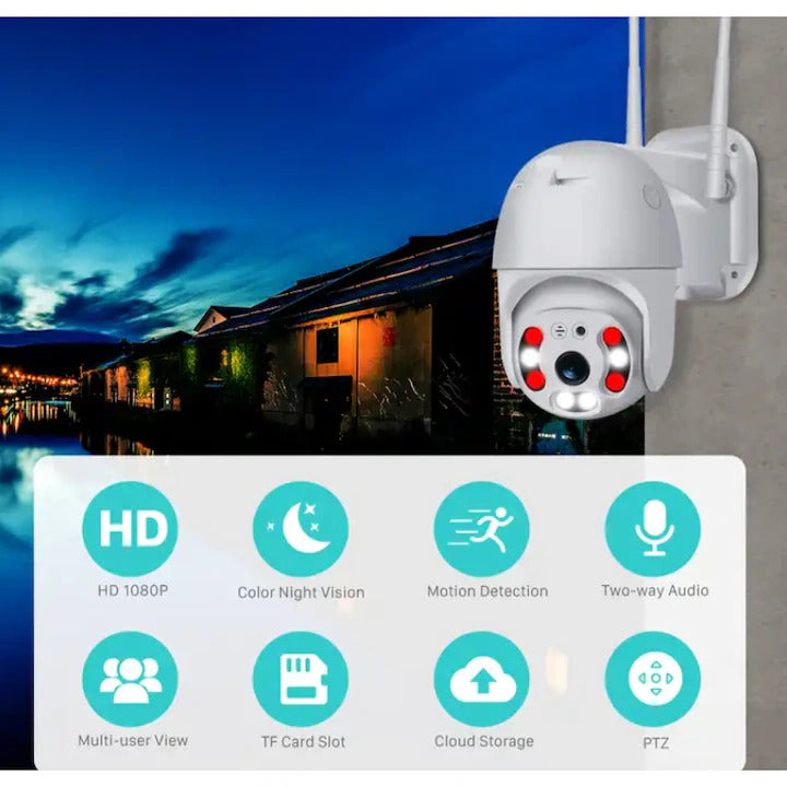 Camera de Supraveghere WIFI, Exterior/ Interior, Conectare Telefon/ PC, FHD 1080P, 8 Led-uri, Night Vision, Auto Tracking, Zoom 4X, Comunicare Bidirectionala, Stocare Card SD, Alb