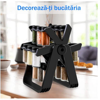 Set 18 recipiente condimente cu suport rotativ, 34x23 cm, pivotant 360°, cutie single 100ML, negru,