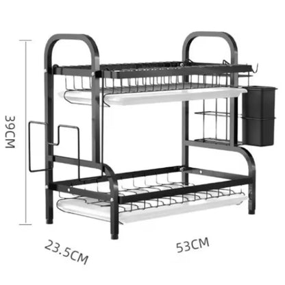 Scurgator pentru vase si tacamuri cu picurator, 2 niveluri, Metal, Negru mat,  53x23.5x39 cm