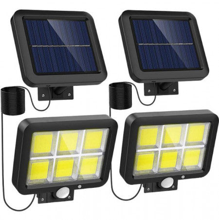 Set 2 x Lampa cu incarcare solara, cu senzori de amurg, miscare si lumina, 3 moduri functionare, telecomanda, 120 COB LED, negru