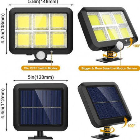 Set 2 x Lampa cu incarcare solara, cu senzori de amurg, miscare si lumina, 3 moduri functionare, telecomanda, 120 COB LED, negru